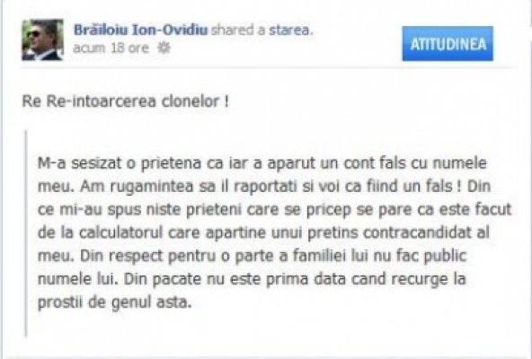Atitudinea: Ovidiu Brăiloiu, clonat pe Facebook de un fost coleg de partid